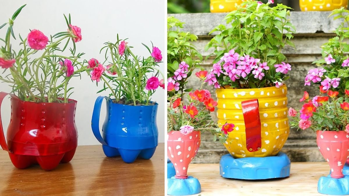 Recycle Plastic Bottles into Colorful Cup Flower Pots for Lovely Garden