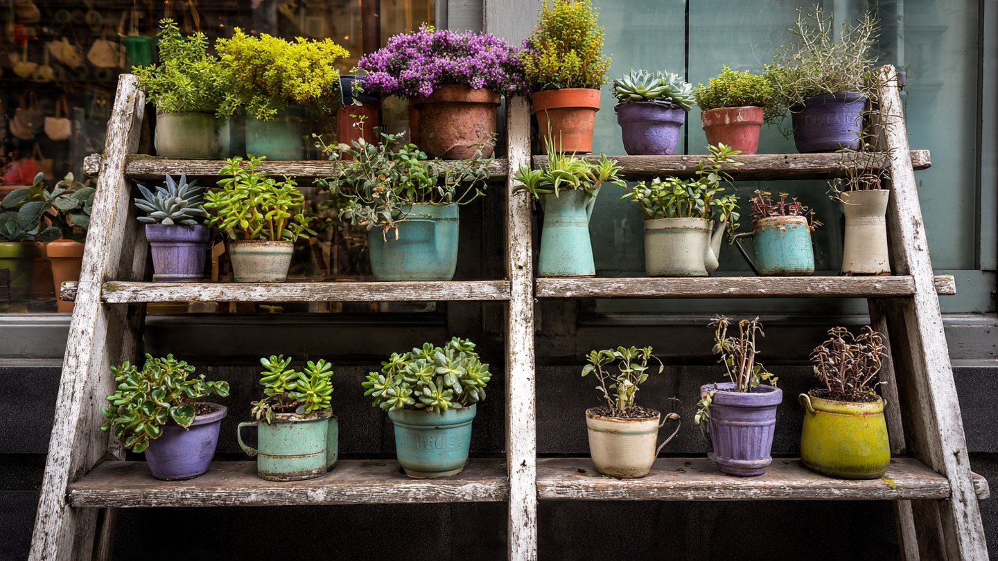 How Can You Transform Old Ladders into a Charming Vertical Garden Display?