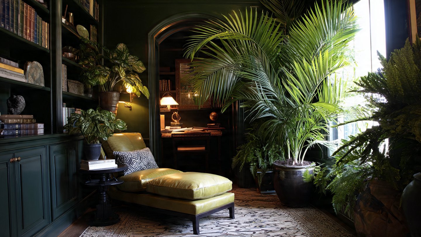 How Can You Transform a Reading Nook Using a Large Leafy Palm?