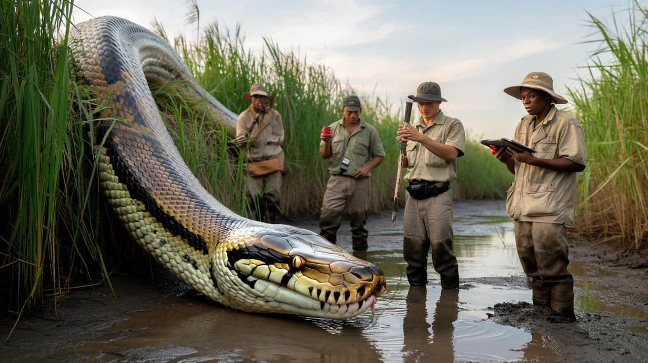 An exceptionally large African python is confirmed by herpetologists during a certified field expedition