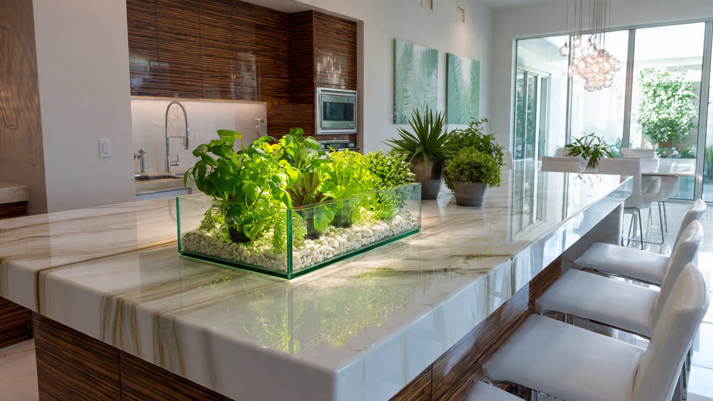 Which Plants Transform a Sleek Modern Kitchen Island into a Green Oasis?